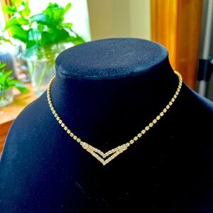 Gold Tone Tennis Necklace - Double V, Adjustable Length